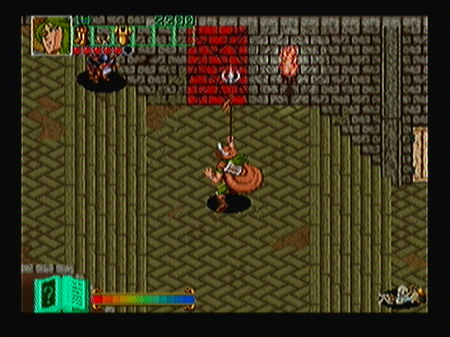 Wizard Fire (Zeebo) screenshot: Some stages have shortcuts to be taken, provided the player finds their entrances. Here, the bard uses his spetum to break that wall.