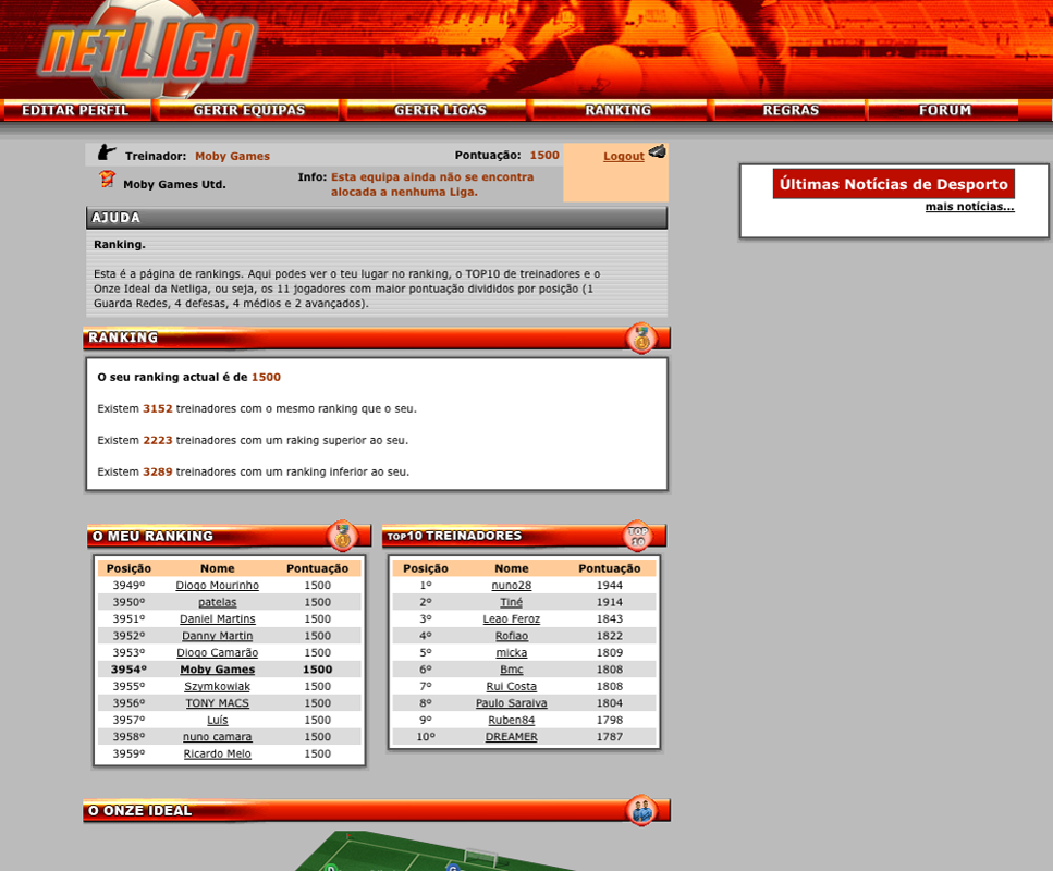 Netliga (Browser) screenshot: Global team rankings