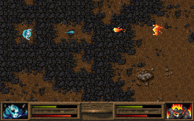 Dark Legions (DOS) screenshot: A fire elemental and a water elemental hurl their element at each other from a distance