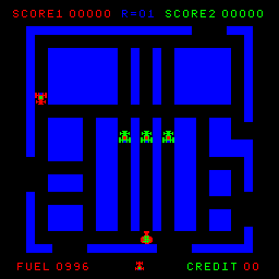 Route-16 (Arcade) screenshot: Get that sack of cash and don't crash into other cars!