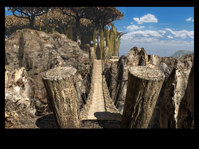 Riven: The Sequel to Myst (Macintosh) screenshot: Crossing a wooden foot bridge