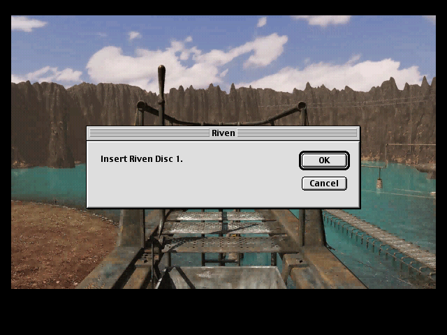 Riven: The Sequel to Myst (Macintosh) screenshot: Disc changes when passing from one area to another