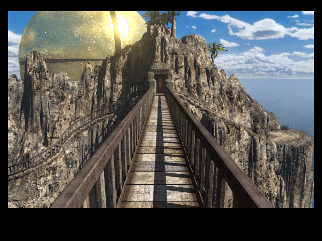 Riven: The Sequel to Myst (Macintosh) screenshot: Turning around on the iron foot bridge you notice the Great Golden Dome