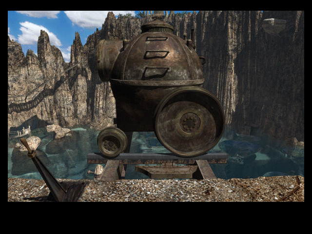 Riven: The Sequel to Myst (Macintosh) screenshot: The lagoon submarine waiting to be launched
