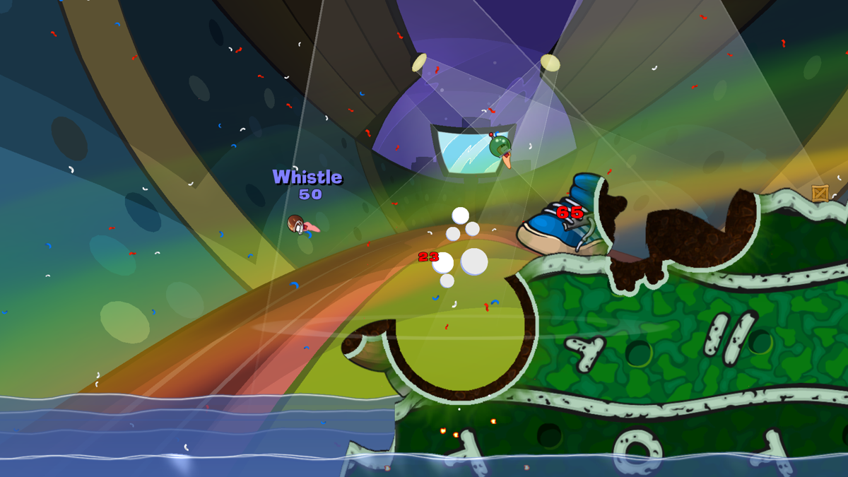 Worms: Reloaded (Windows) screenshot: Rival worms are thrown away by an explosion