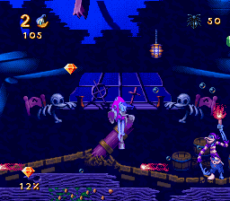Maui Mallard in Cold Shadow (SNES) screenshot: Underwater, Maui gets to use his bug gun as propulsion.