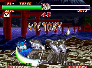 Samurai Shodown II (Neo Geo) screenshot: Three Ukyos are better than one. Ippon!