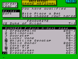 Grand National (ZX Spectrum) screenshot: Bet on horses and see there form and odds