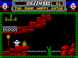 Fantasy World Dizzy (ZX Spectrum) screenshot: A bottle of whiskey and a nice friendly stepping stone...