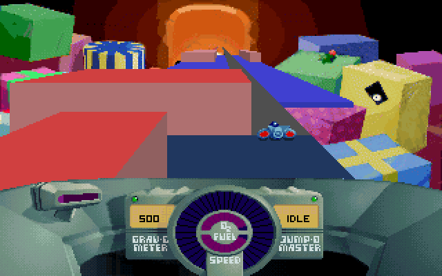 SkyRoads: Xmas Special (DOS) screenshot: Jumping on a red brick kills you