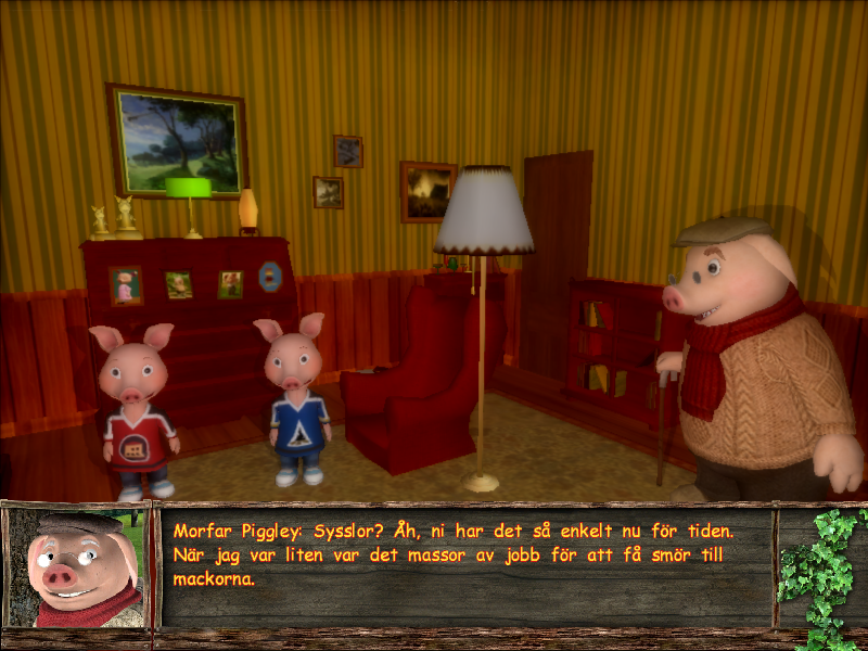 Jakers! Let's Explore (Windows) screenshot: Each story starts with granddad Piggely talking with his grandchildren about how it was when he was young