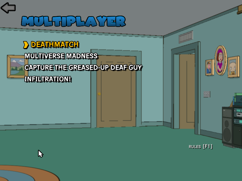 Family Guy: Back to the Multiverse (Windows) screenshot: Multiplayer Menu. For me, I pick Multiverse Madness. and i like Deathmatch & Infilration! and Capture the Greased-Up Deaf Guy little bit.