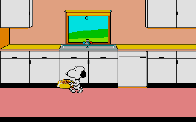 Snoopy: The Cool Computer Game (Amiga) screenshot: Going through the kitchen