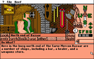 Keef the Thief: A Boy and His Lockpick (DOS) screenshot: At Mercon Bazaar (North) you can buy weapons and armor, thieving equipment or visit the local healer.
