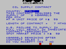 President (ZX Spectrum) screenshot: Trading oil is a crucial way to gain money