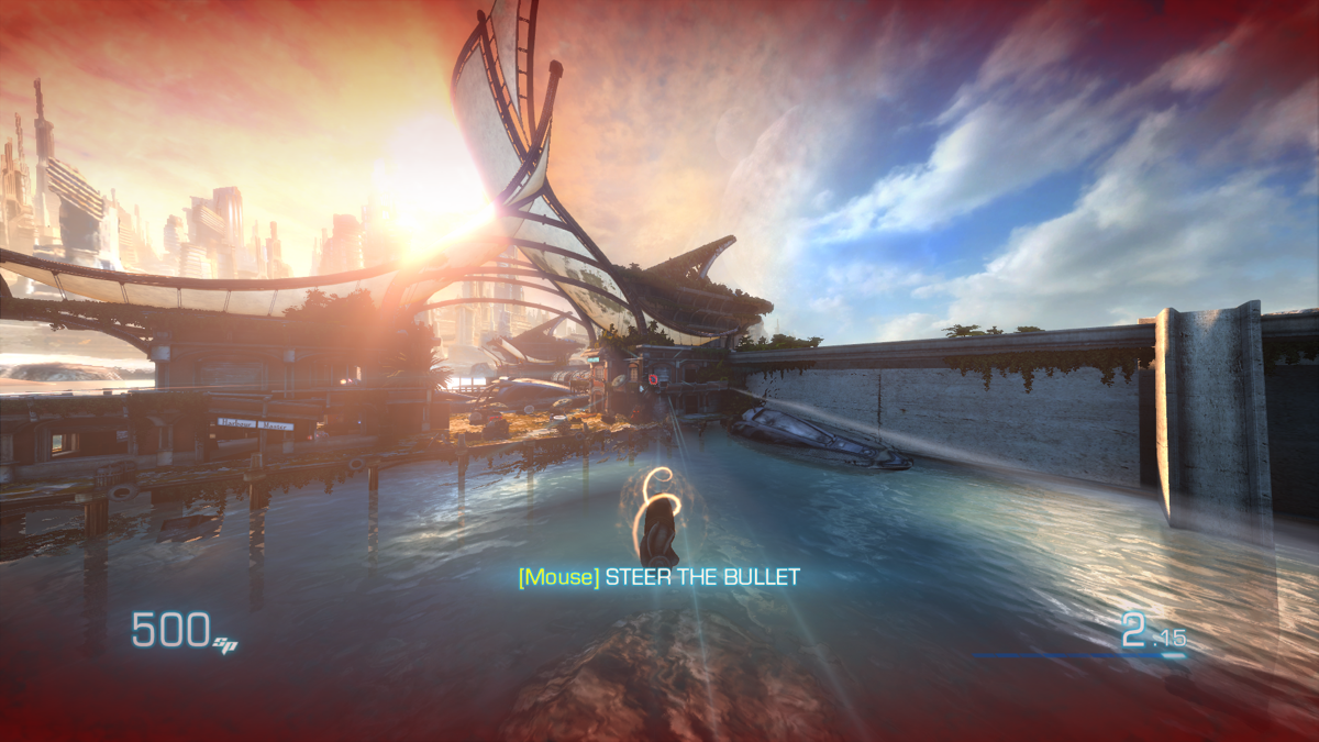 Bulletstorm (Windows) screenshot: Headhunter sniper rifle bullets are controlled with the mouse, so this weapon proves itself useful quickly.