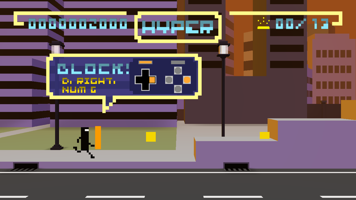 Bit.Trip Runner (Windows) screenshot: A new action is available in the third world: blocking, similar to what you do in <moby game="Bit.Trip.Beat">Bit.Trip.Beat</moby>.
