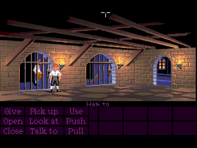 The Secret of Monkey Island (FM Towns) screenshot: Visiting Otis in prison. There is more music in the FM Towns version compared to the PC floppy release. Not to mention it's CD quality