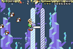 Super Mario World: Super Mario Advance 2 (Game Boy Advance) screenshot: Luigi reaches the 1st position in a marathon where, apparently, only fishes participate...