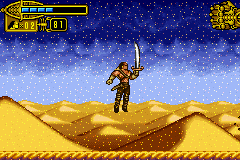 The Scorpion King: Sword of Osiris (Game Boy Advance) screenshot: Calm! It isn't snowing in the desert: it's a sand storm in action. It diminishes the walk speed, placing the player move backwards.