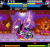 SNK vs. Capcom: The Match of the Millennium (Neo Geo Pocket Color) screenshot: Morrigan connects her impactive air throw in Kyo.
