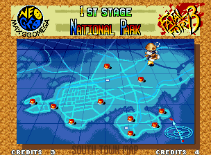 Fatal Fury 3: Road to the Final Victory (Neo Geo) screenshot: South Town Map: red points shows next challengers location.