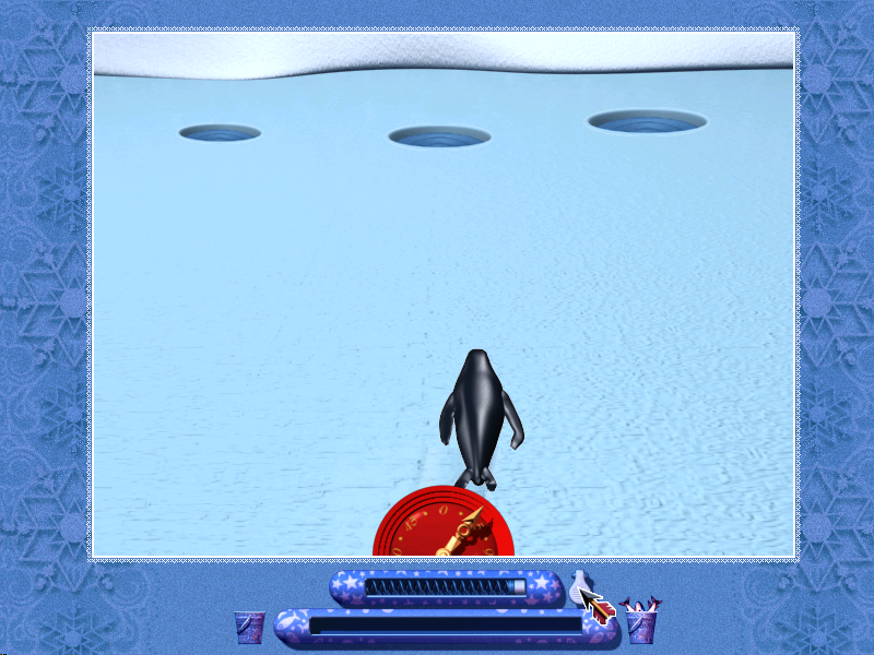 Istiden (Windows) screenshot: This is simple: just launch the penguin towards the hole and hope he comes back with something nice