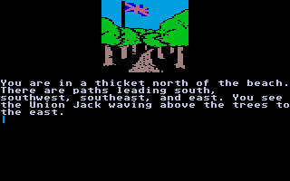 Treasure Island (Atari ST) screenshot: The Union Jack flies above the trees.