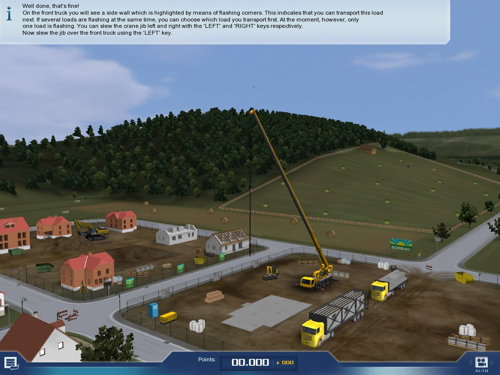 Crane Simulator 2009 (Windows) screenshot: The first task is to 'slew the jib', doesn't that sound fantastic. Imagine being asked how your day went and replying 'I slew my jib over an 18 wheeler this morning'