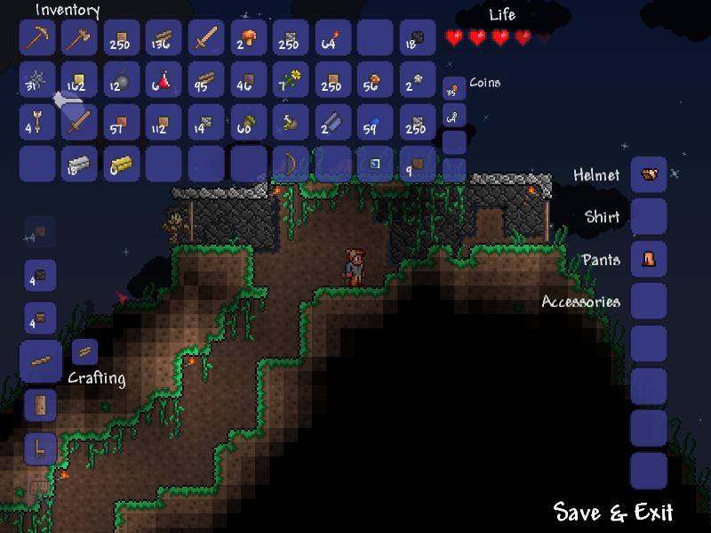 Terraria (Windows) screenshot: Inventory and crafting interface