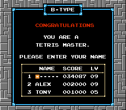 Tetris (NES) screenshot: Entering your name in Tetris B-TYPE records screen: what's yours?