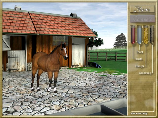 Mary King's Riding Star (Windows) screenshot: Here we are in the stable yard. The horse's condition, health, thirst, etc is shown in the panel on the right. Looks OK so far