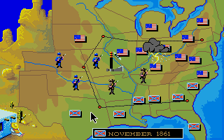 North & South (Amiga) screenshot: A Tomahawk is flying across the screen: The Indians attack