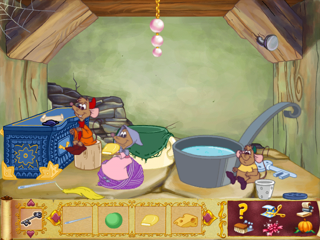 Disney's Cinderella's Dollhouse (Windows) screenshot: Various items are scattered about the mouse hole, which you can pick up and give to a character for them to hold and interact with.