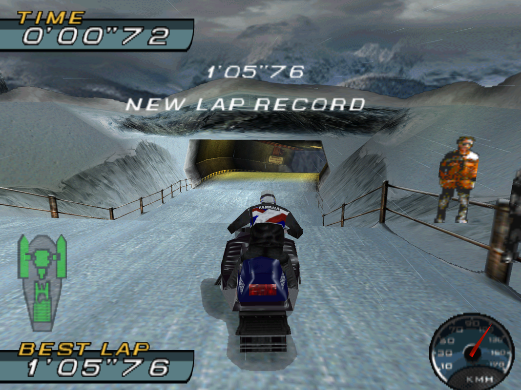 Sno-Cross Championship Racing (Windows) screenshot: Time Trial : At the end of the lap the time is displayed and the player continues to race in order to achieve better & better times.