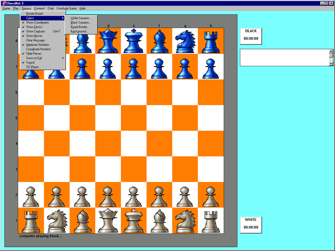 ChessNet 3 (Windows 3.x) screenshot: This is the basic game screen. Menu items across the top contain all the game's control options. Here a drop down box shows the customisation options