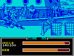 Street Fighter II (ZX Spectrum) screenshot: Ken knocks Guile over with a fireball