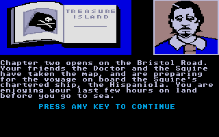 Treasure Island (Atari ST) screenshot: End of Chapter One. Robert Louis Stevenson talks to you between chapters.