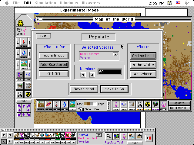 SimLife (Macintosh) screenshot: The populating of the world with animals and plants is done with this menu, although it is also possible to place them on an individual basis manually