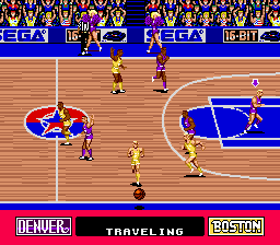 Pat Riley Basketball (Genesis) screenshot: The word's 'travelling' - double l