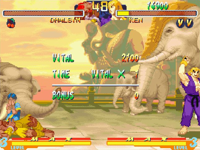 Street Fighter Alpha 2 (Windows) screenshot: The end of the match reveals the bonus points.