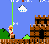 Super Mario Bros. Deluxe (Game Boy Color) screenshot: Jumping and grabbing the flagpole, Mario finishes Level 1-1 scoring 5.000 points.