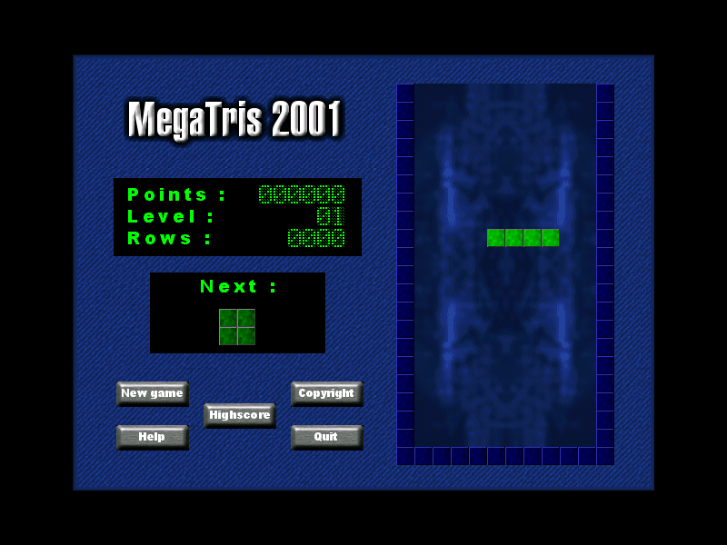 MegaTris 2001 (Windows) screenshot: The game begins. The preview window that shows the next brick can be turned on / off by using the 'V' key