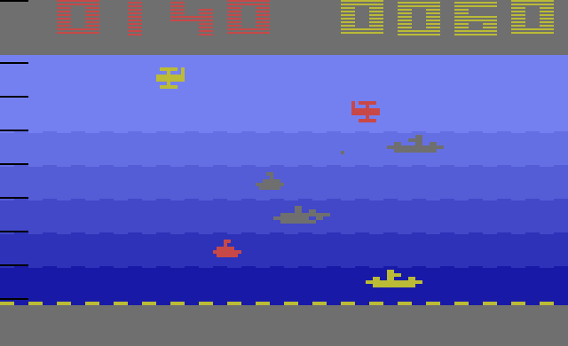 Canyon Bomber (Atari 2600) screenshot: Helicopters dropping bombs into the sea.