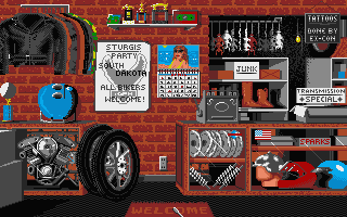 Harley-Davidson: The Road to Sturgis (Atari ST) screenshot: Inside the shop