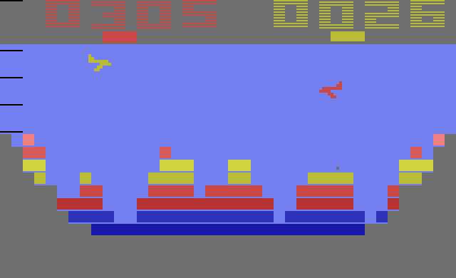 Canyon Bomber (Atari 2600) screenshot: The red player is in the lead!