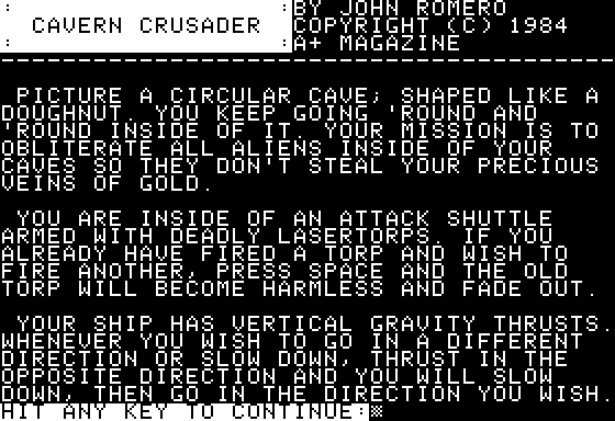 Cavern Crusader (Apple II) screenshot: Instruction page 1