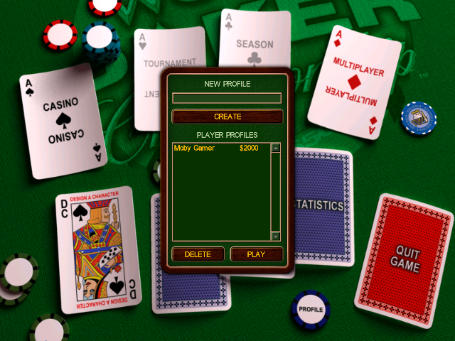 Chris Moneymaker's World Poker Championship (Windows) screenshot: After the company logos have been displayed the music starts up and the game begins. On the first log-in a new user must be created.