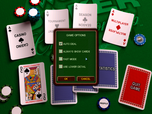Chris Moneymaker's World Poker Championship (Windows) screenshot: The Game Options allows the player to view the game credits, change the sound levels and, as is shown here, configure the game