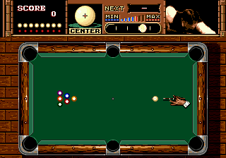 Side Pocket (Genesis) screenshot: Putting maximum potence in the parquet block: more power, more chances to strike many balls in a row!